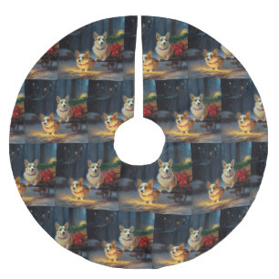 Jupon De Sapin En Polyester Brossé Décoration de Noël Chariot Corgi enneigé