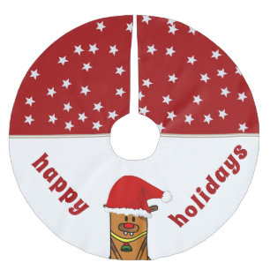 Jupon De Sapin En Polyester Brossé Drôle Cerf avec Santa Hat Red Nose Star Motif