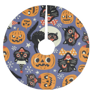 Jupon De Sapin En Polyester Brossé Éffrayant Chats Citrouilles Violet Motif