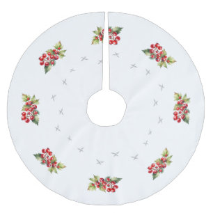 Jupon De Sapin En Polyester Brossé Elégant blanc avec baies rouges et étoiles Noël