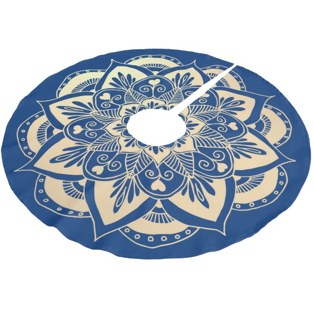 Jupon De Sapin En Polyester Brossé Elégant bleu marine or Mandala Boho Noël (Angle)
