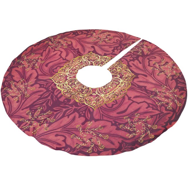 Jupon De Sapin En Polyester Brossé Élégant Morris Gold Snowflakes Bourgogne (Angle)