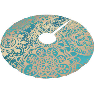 Jupon De Sapin En Polyester Brossé Élégant Motif Turquoise de Mandala vert et or