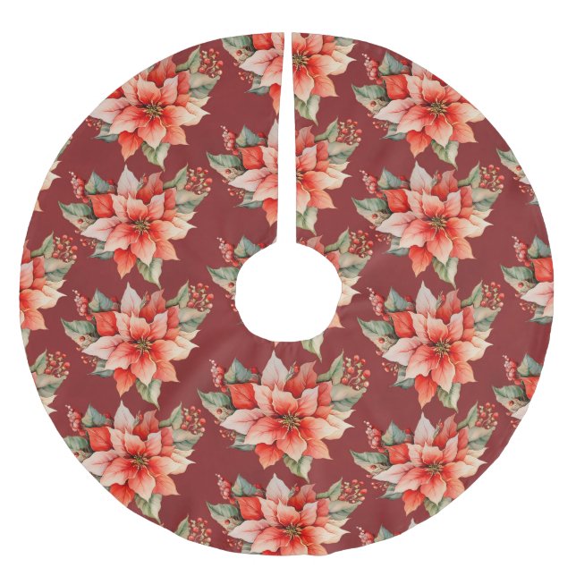 Jupon De Sapin En Polyester Brossé Élégant Noël Rouge Poinsettia (Devant)