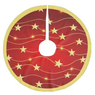 Jupon De Sapin En Polyester Brossé Élégant Rouge Or étoiles Décor de Noël