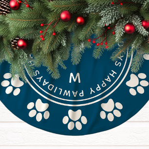 Jupon De Sapin En Polyester Brossé Empreinte de patte Wreath Monogram Pet Navy Noël