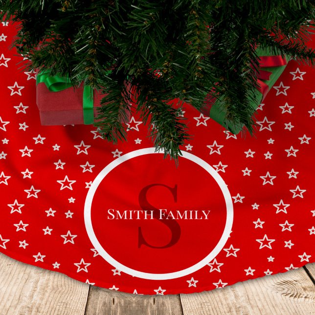 Jupon De Sapin En Polyester Brossé Étoiles en rouge et blanc avec Monogramme et Nom (Créateur téléchargé)