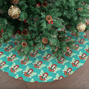 Jupon De Sapin En Polyester Brossé Fée de Noël Fantastique Houx Cloches Poinsettias