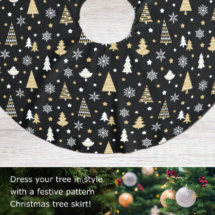 Jupon De Sapin En Polyester Brossé Festif Arbres de Noël Snowflakes Noir
