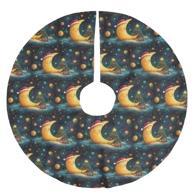 Jupon De Sapin En Polyester Brossé Fête de Noël drôle Lune Galaxy (Devant)