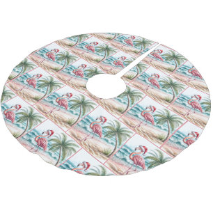 Jupon De Sapin En Polyester Brossé Flamant rose de Noël sur une plage