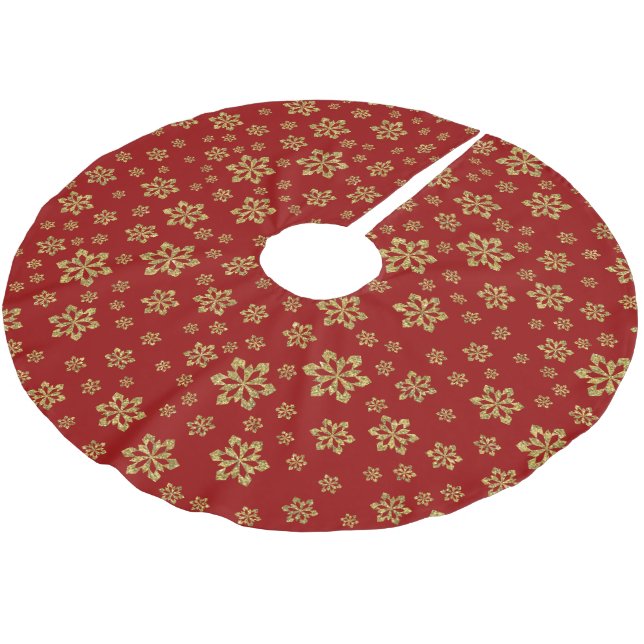 Jupon De Sapin En Polyester Brossé Fléchettes de neige en or sur rouge (Angle)