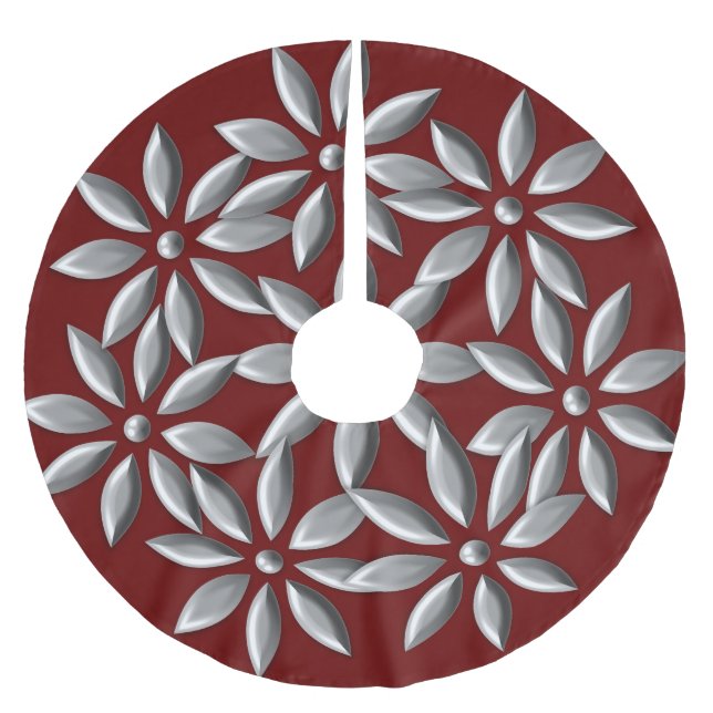 Jupon De Sapin En Polyester Brossé Fleurs d'argent de Noël Motif Marron (Devant)
