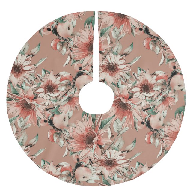 Jupon De Sapin En Polyester Brossé Fleurs de soleil, pommes : motif d'aquarelle d'aut (Devant)