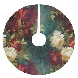 Jupon De Sapin En Polyester Brossé Fleurs rouges blanches vertes