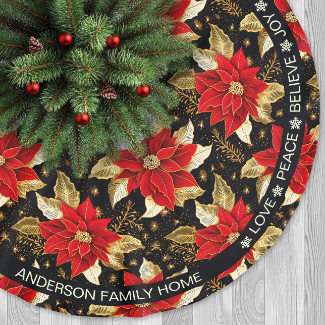 Jupon De Sapin En Polyester Brossé Fleurs rouges Poinsettia Mots positifs Noël (Poinsettia Red Flowers Positive Words Christmas Brushed Polyester Tree Skirt)