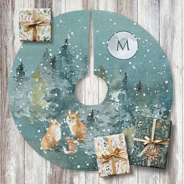 Jupon De Sapin En Polyester Brossé Forêt de la famille Fox pleine lune chute de neige (Créateur téléchargé)