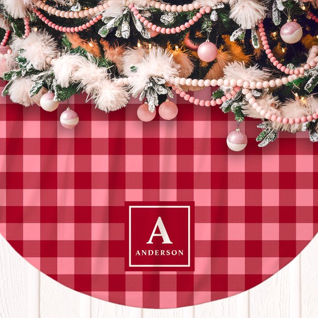 Jupon De Sapin En Polyester Brossé Gingham à carreaux rose et rouge avec monogramme (Créateur téléchargé)