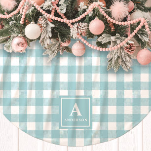 Jupon De Sapin En Polyester Brossé Gingham Bleu Et Blanc À Carreaux Monogramme