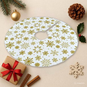 Jupon De Sapin En Polyester Brossé Gold Snowflake Blanc Élégant vacances