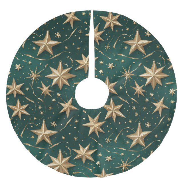 Jupon De Sapin En Polyester Brossé Gold Stars Tree Skirt | Dark Green Elegant Decor (Devant)