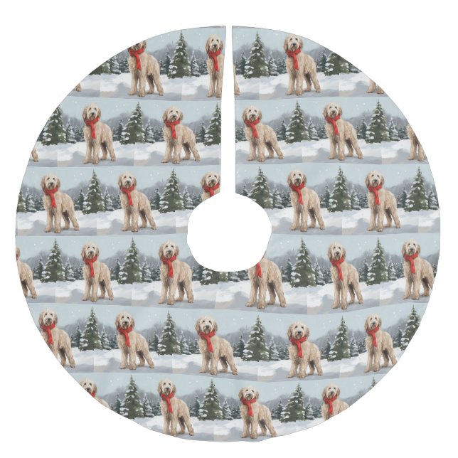 Jupon De Sapin En Polyester Brossé Goldendoodle Chien dans Noël de neige (Devant)