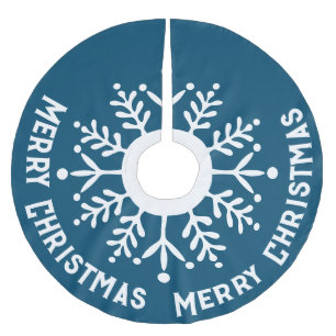 Jupon De Sapin En Polyester Brossé Gros flocon blanc, Joyeux Noël blanc sur bleu