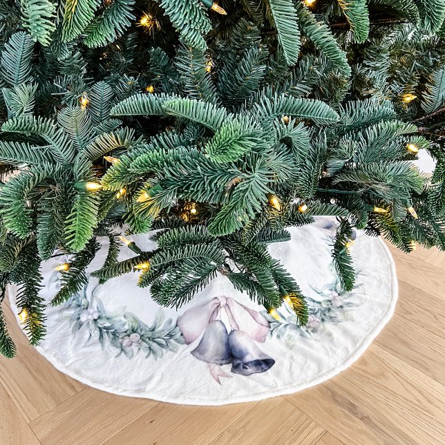 Jupon De Sapin En Polyester Brossé Gui et clochettes argentées blanc (Mistletoe and silver bells christmas tree skirt)