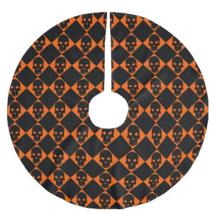 Jupon De Sapin En Polyester Brossé Halloween Orange et Noir Arlequin crâne