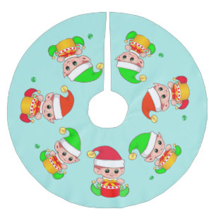 Jupon De Sapin En Polyester Brossé Jolis lutins de Noël sur un fond sarcelle clair