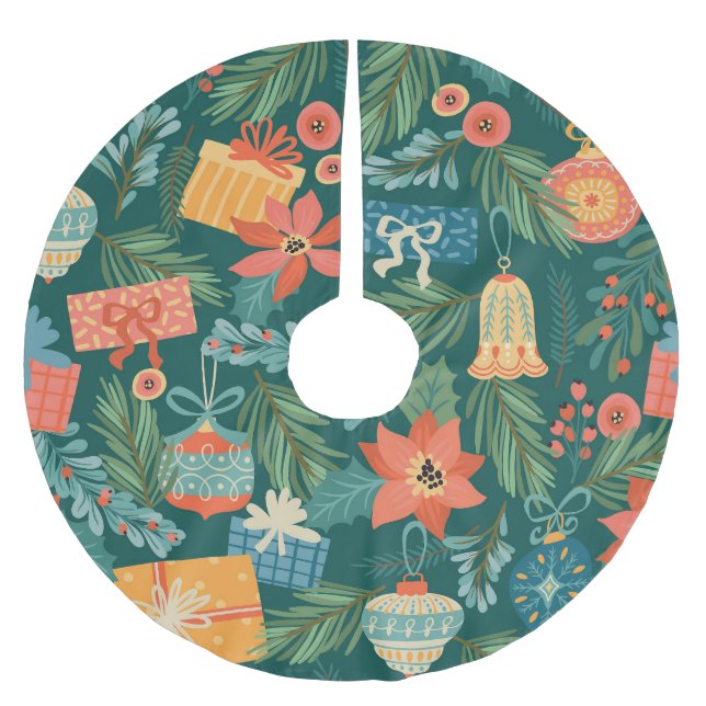 Jupon De Sapin En Polyester Brossé Jouets de Noël, Motif rétro branché. (Devant)