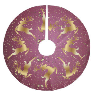 Jupon De Sapin En Polyester Brossé Jour de Noël Golden Reindeers Rouge rose Élégant