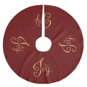 Jupon De Sapin En Polyester Brossé "Joy" Red Gold Script Élégant vacances saisonnière