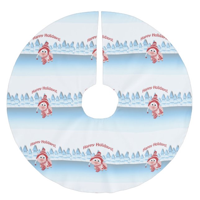 Jupon De Sapin En Polyester Brossé Joyeuses fêtes ! Cochon d'hiver (Devant)