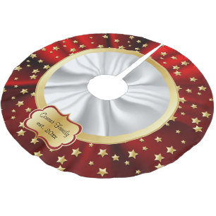 Jupon De Sapin En Polyester Brossé Joyeux Noël Gold Stars Rouge et blanc Arrière - pl