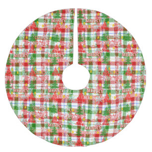 Jupon De Sapin En Polyester Brossé Joyeux Noël Plaid Tartan Décoratif