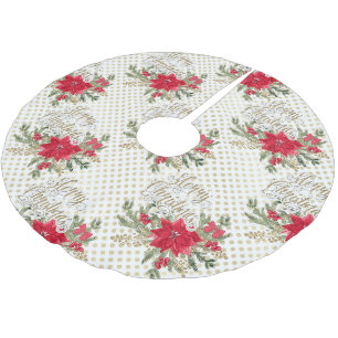 Jupon De Sapin En Polyester Brossé Joyeux Noël Rouge Poinsettia