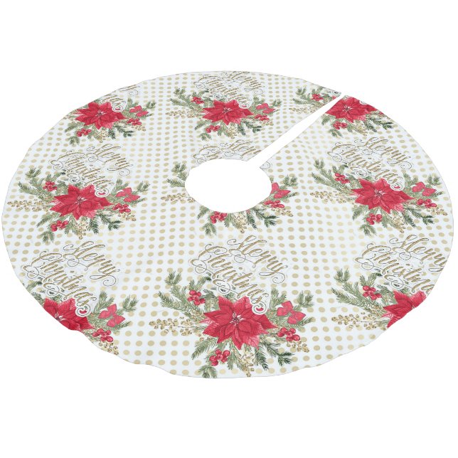 Jupon De Sapin En Polyester Brossé Joyeux Noël Rouge Poinsettia (Angle)
