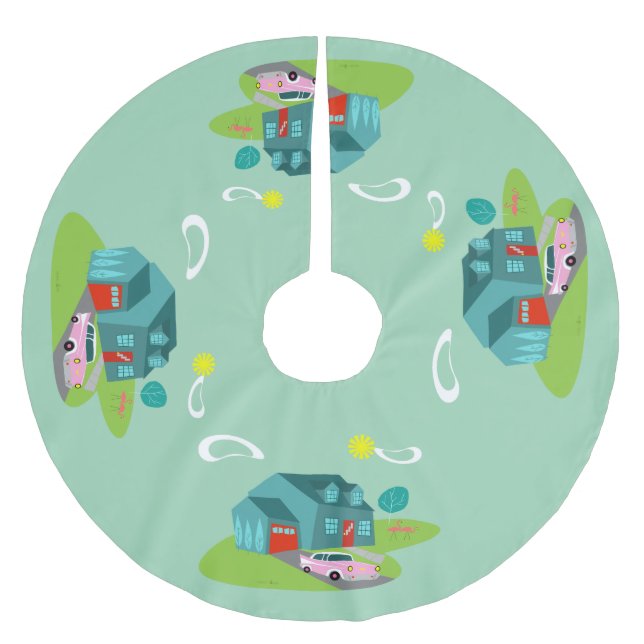 Jupon De Sapin En Polyester Brossé Jupe de Noël Retro Suburban House (Devant)