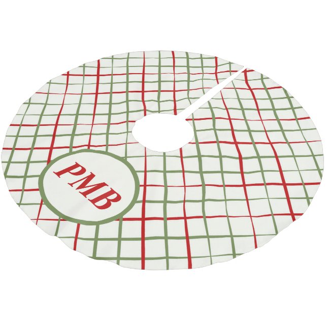 Jupon De Sapin En Polyester Brossé Lignes croisées rouges et vertes Monogramme (Angle)
