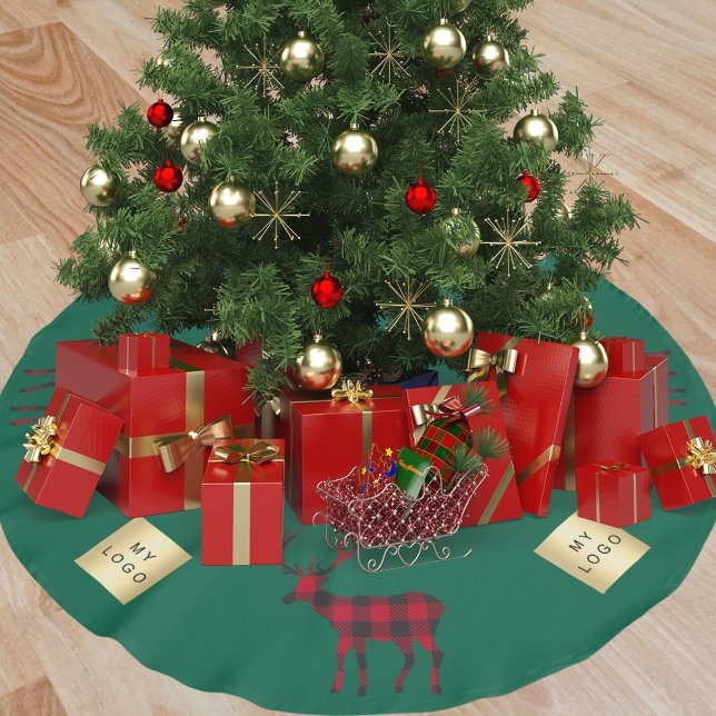 Jupon De Sapin En Polyester Brossé logo de l'entreprise rouge de rennes verts de Noël (Créateur téléchargé)
