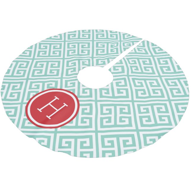 Jupon De Sapin En Polyester Brossé Monogramme à clé rouge et Aqua (Angle)