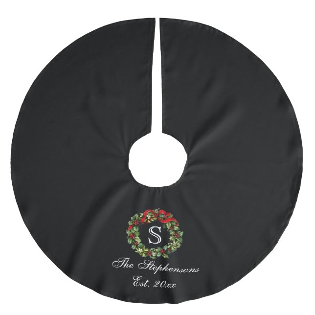 Jupon De Sapin En Polyester Brossé Monogramme classique Holly Wreath Custom Christmas (Devant)