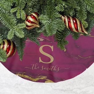 Jupon De Sapin En Polyester Brossé Monogramme Marbre Bourgogne & Or Élégant Noël