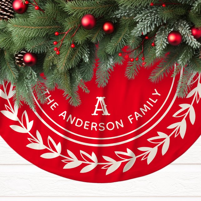 Jupon De Sapin En Polyester Brossé Monogramme Wreath Strié moderne rouge Noël (Créateur téléchargé)