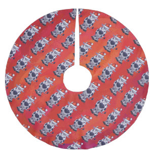Jupon De Sapin En Polyester Brossé Motif de vache de Noël sur Red Field