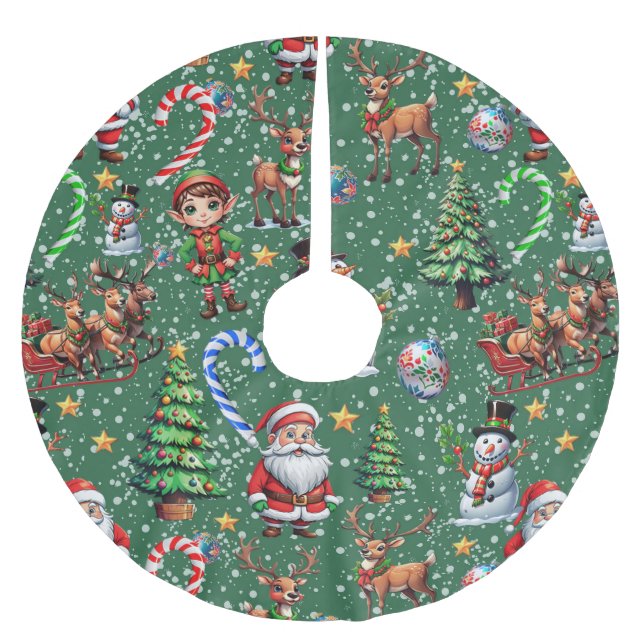 Jupon De Sapin En Polyester Brossé Motif décoratif de Noël sur fond vert (Devant)