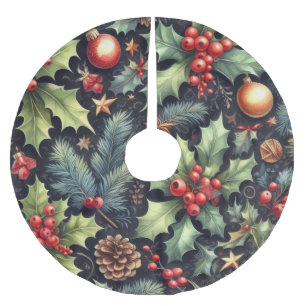 Jupon De Sapin En Polyester Brossé Motifs Watercolor Navy et Holly Holiday