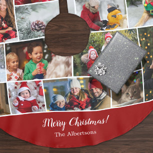 Jupon De Sapin En Polyester Brossé Noël 16 Photo Collage avec nom de famille Rouge