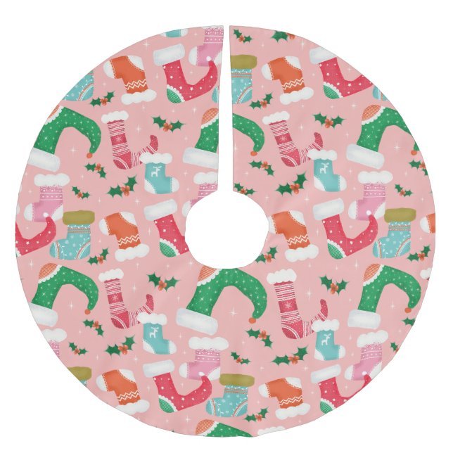 Jupon De Sapin En Polyester Brossé Noël falalala rose -Bas (Devant)